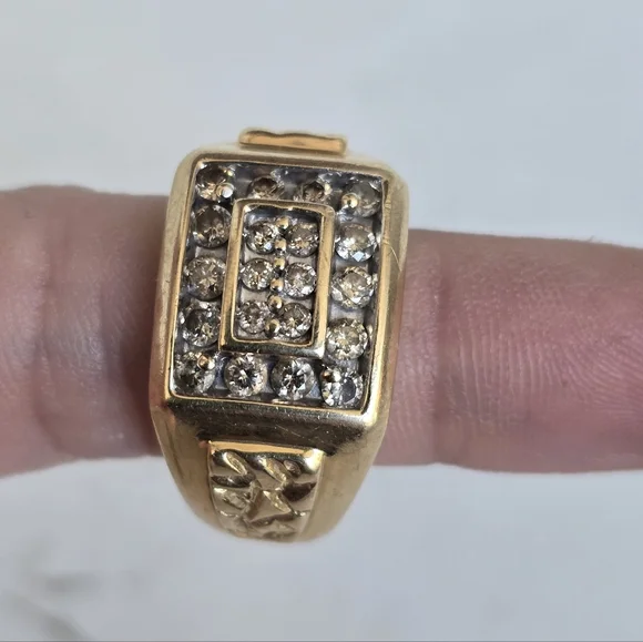 Mens solid 14k yellow gold Genuine diamonds cluster signet ring